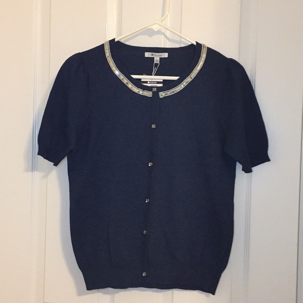 Short sleeves silver beads knit elegant top